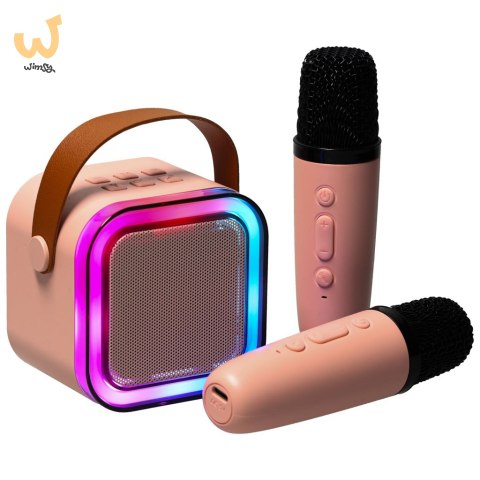 Zestaw do karaoke 2 mikrofony + głośnik przenośny BLUETOOTH USB LED różowy Zestaw do karaoke 2 mikrofony + głośnik przenośny BLUETOOTH USB LED różowy