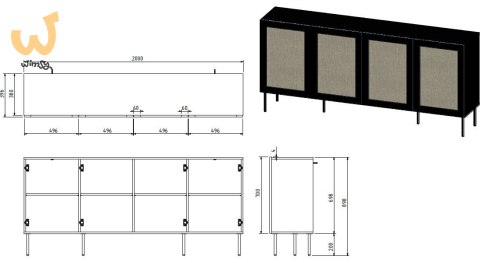 Komoda JUTA 4D 202x39,5x85 czarny + linol calabria Komoda JUTA 4D 202x39,5x85 czarny + linol calabria