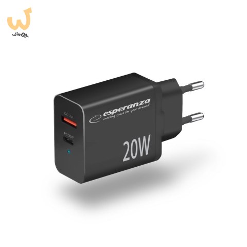 ESPERANZA ŁADOWARKA SIECIOWA 20W USB-C PD 20W / USB-A QC 3.0 18W CZARNA EZC105K ESPERANZA ŁADOWARKA SIECIOWA 20W USB-C PD 20W / USB-A QC 3.0 18W CZARNA EZC105K