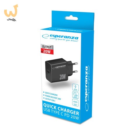ESPERANZA ŁADOWARKA SIECIOWA 20W USB-C PD CZARNA EZC104K ESPERANZA ŁADOWARKA SIECIOWA 20W USB-C PD CZARNA EZC104K