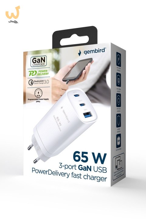 GEMBIRD SZYBKA ŁADOWARKA USB POWER DELIVERY USB TYPU C, 3X USB, 65 W, GAN BIAŁA GEMBIRD SZYBKA ŁADOWARKA USB POWER DELIVERY USB TYPU C, 3X USB, 65 W, GAN BIAŁA