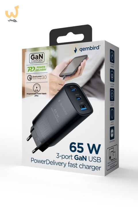 GEMBIRD SZYBKA ŁADOWARKA USB POWER DELIVERY USB TYPU C, 3X USB, 65 W, GAN CZARNA GEMBIRD SZYBKA ŁADOWARKA USB POWER DELIVERY USB TYPU C, 3X USB, 65 W, GAN CZARNA