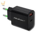 QOLTEC ŁADOWARKA SIECIOWA 18W | 5-12V | 1.5-3A | USB TYP C PD | USB QC 3.0 | CZARNA