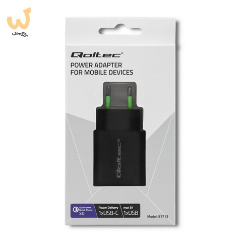 QOLTEC ŁADOWARKA SIECIOWA 18W | 5-12V | 1.5-3A | USB TYP C PD | USB QC 3.0 | CZARNA QOLTEC ŁADOWARKA SIECIOWA 18W | 5-12V | 1.5-3A | USB TYP C PD | USB QC 3.0 | CZARNA