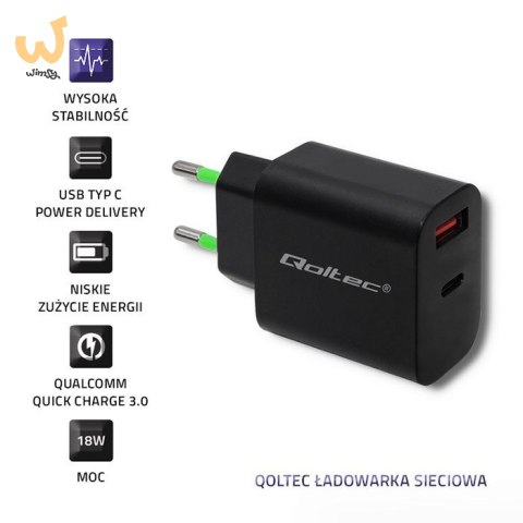 QOLTEC ŁADOWARKA SIECIOWA 18W | 5-12V | 1.5-3A | USB TYP C PD | USB QC 3.0 | CZARNA QOLTEC ŁADOWARKA SIECIOWA 18W | 5-12V | 1.5-3A | USB TYP C PD | USB QC 3.0 | CZARNA