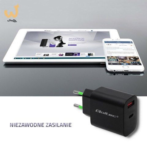 QOLTEC ŁADOWARKA SIECIOWA 18W | 5-12V | 1.5-3A | USB TYP C PD | USB QC 3.0 | CZARNA QOLTEC ŁADOWARKA SIECIOWA 18W | 5-12V | 1.5-3A | USB TYP C PD | USB QC 3.0 | CZARNA