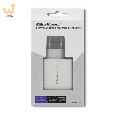 QOLTEC ŁADOWARKA SIECIOWA 45W | 5-20V | 2.4-3A | USB TYP C PD | USB | BIAŁA QOLTEC ŁADOWARKA SIECIOWA 45W | 5-20V | 2.4-3A | USB TYP C PD | USB | BIAŁA