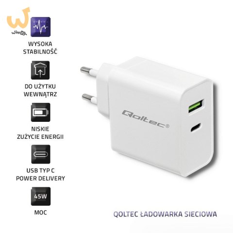 QOLTEC ŁADOWARKA SIECIOWA 45W | 5-20V | 2.4-3A | USB TYP C PD | USB | BIAŁA QOLTEC ŁADOWARKA SIECIOWA 45W | 5-20V | 2.4-3A | USB TYP C PD | USB | BIAŁA