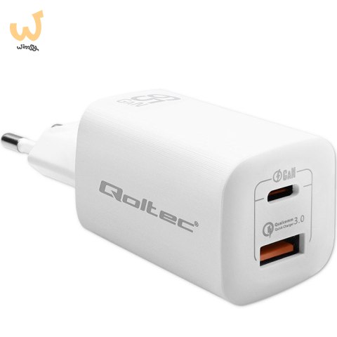 QOLTEC ŁADOWARKA SIECIOWA 65W GAN ULTRA | 5-20V | 2.25-3.25A | 1 X USB TYP C PD | 1 X USB QC 3.0 | BIAŁA QOLTEC ŁADOWARKA SIECIOWA 65W GAN ULTRA | 5-20V | 2.25-3.25A | 1 X USB TYP C PD | 1 X USB QC 3.0 | BIAŁA