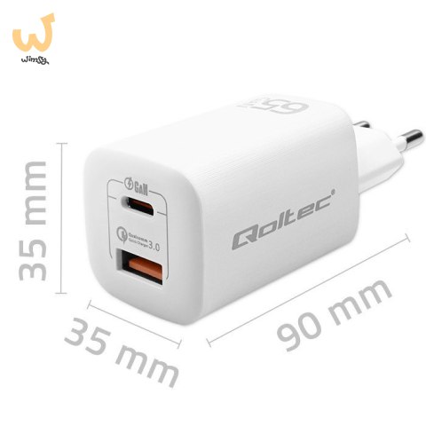 QOLTEC ŁADOWARKA SIECIOWA 65W GAN ULTRA | 5-20V | 2.25-3.25A | 1 X USB TYP C PD | 1 X USB QC 3.0 | BIAŁA QOLTEC ŁADOWARKA SIECIOWA 65W GAN ULTRA | 5-20V | 2.25-3.25A | 1 X USB TYP C PD | 1 X USB QC 3.0 | BIAŁA