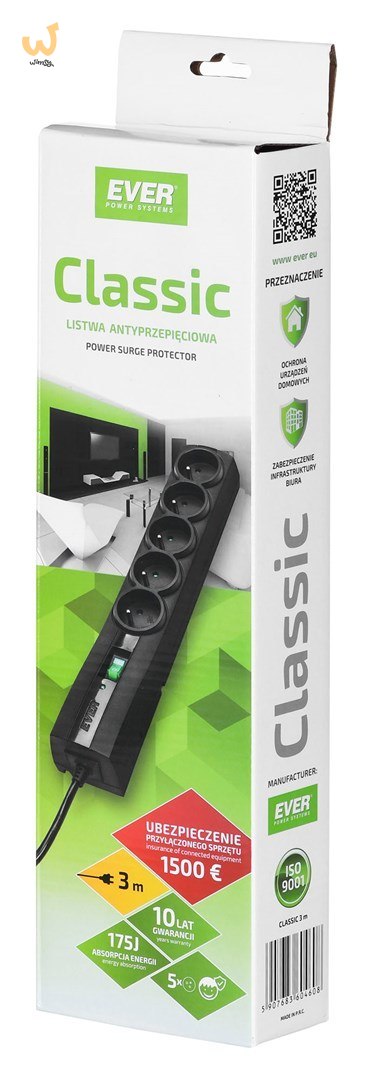 Listwa antyprzepięciowa Ever Classic 3,0m (5 x UTE; 10 A; kolor czarny) (T/LZ09-CLA030/0000) Listwa antyprzepięciowa Ever Classic 3,0m (5 x UTE; 10 A; kolor czarny) (T/LZ09-CLA030/0000)