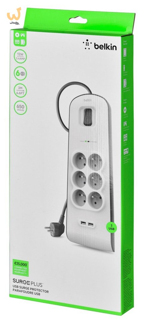 Listwa zasilająca Belkin Power Surge 6-PORT + 2xUSB-A 2.4A 650J 2m Grey/White Listwa zasilająca Belkin Power Surge 6-PORT + 2xUSB-A 2.4A 650J 2m Grey/White