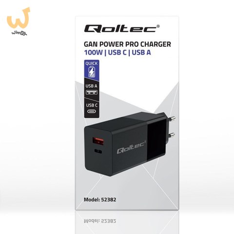 QOLTEC ŁADOWARKA GAN POWER PRO | 1XUSB-C | 1XUSB | 100W | 5-20V | 1.5-5A | PD | CZARNA QOLTEC ŁADOWARKA GAN POWER PRO | 1XUSB-C | 1XUSB | 100W | 5-20V | 1.5-5A | PD | CZARNA