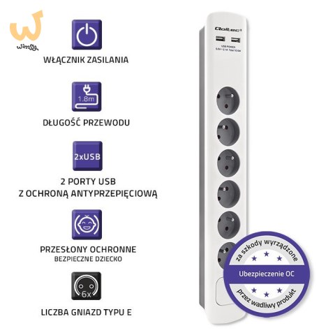 QOLTEC LISTWA ZASILAJĄCA ANTYPRZEPIĘCIOWA | 6 GNIAZD | 2 X USB | 1.8M | BIAŁO-SZARA QOLTEC LISTWA ZASILAJĄCA ANTYPRZEPIĘCIOWA | 6 GNIAZD | 2 X USB | 1.8M | BIAŁO-SZARA