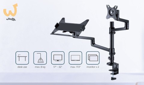 GEMBIRD BIURKOWE REGULOWANE RAMIĘ/UCHWYT NA MONITOR + PODSTAWKA NA NOTEBOOKA 17-32, VESA 100X100MM, DO 8 KG GEMBIRD BIURKOWE REGULOWANE RAMIĘ/UCHWYT NA MONITOR + PODSTAWKA NA NOTEBOOKA 17-32, VESA 100X100MM, DO 8 KG