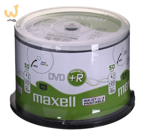 MAXELL Płyta DVD+R 4,7GB, 50 szt. w opakowaniu cake (szpindel). Prędkość zapisu 16X, 120 min. Płyty do nadruku atramentowego. Pr MAXELL Płyta DVD+R 4,7GB, 50 szt. w opakowaniu cake (szpindel). Prędkość zapisu 16X, 120 min. Płyty do nadruku atramentowego. Pr