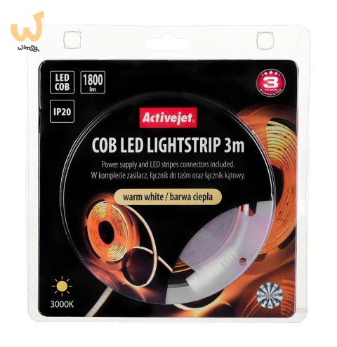 Taśma LED COB 3m z zasilaczem barwa ciepła IP20 Taśma LED COB 3m z zasilaczem barwa ciepła IP20