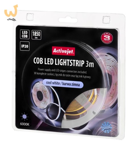 Taśma LED COB 3m z zasilaczem barwa zimna IP20 Taśma LED COB 3m z zasilaczem barwa zimna IP20