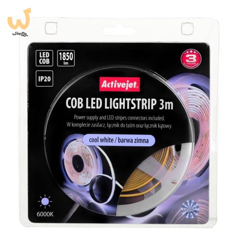 Taśma LED COB 3m z zasilaczem barwa zimna IP20 Taśma LED COB 3m z zasilaczem barwa zimna IP20