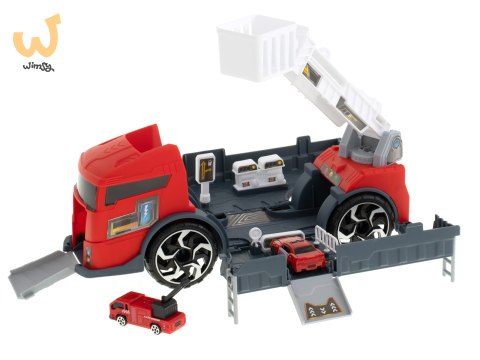 TIR laweta ciężarówka samochód transporter naczepa 2w1 parking resoraki straż pożarna 2 auta czerwone TIR laweta ciężarówka samochód transporter naczepa 2w1 parking resoraki straż pożarna 2 auta czerwone