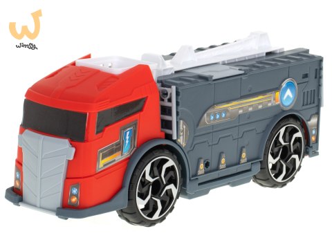 TIR laweta ciężarówka samochód transporter naczepa 2w1 parking resoraki straż pożarna 2 auta czerwone TIR laweta ciężarówka samochód transporter naczepa 2w1 parking resoraki straż pożarna 2 auta czerwone