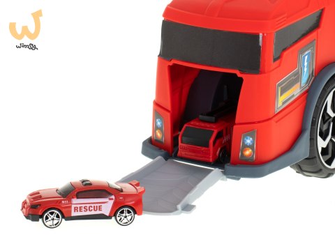 TIR laweta ciężarówka samochód transporter naczepa 2w1 parking resoraki straż pożarna 2 auta czerwone TIR laweta ciężarówka samochód transporter naczepa 2w1 parking resoraki straż pożarna 2 auta czerwone