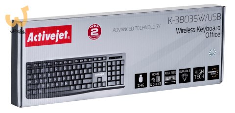 Activejet K-3803SW Klawiatura bezprzewodowa zasilanie baterią 1x 1,5V AAA czarna Activejet K-3803SW Klawiatura bezprzewodowa zasilanie baterią 1x 1,5V AAA czarna