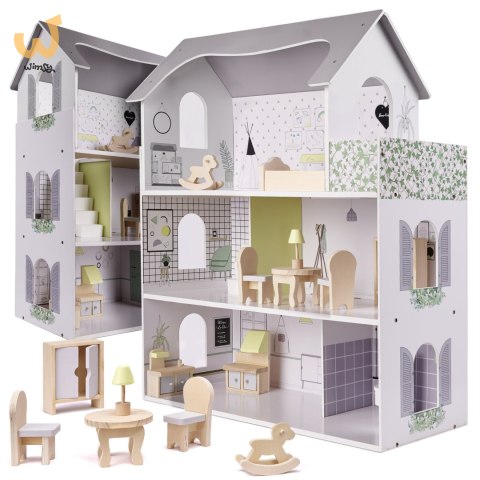 Domek dla lalek drewniany mebelki 70cm szary Domek dla lalek drewniany mebelki 70cm szary