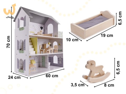 Domek dla lalek drewniany mebelki 70cm szary Domek dla lalek drewniany mebelki 70cm szary
