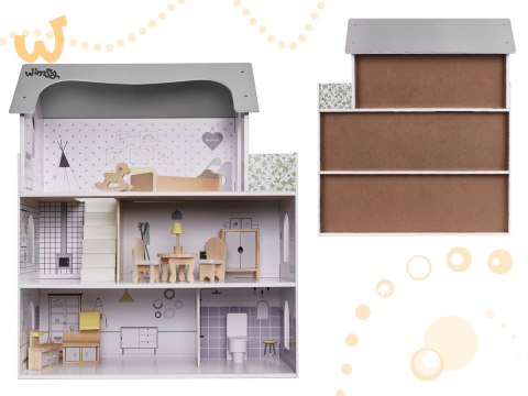 Domek dla lalek drewniany mebelki 70cm szary Domek dla lalek drewniany mebelki 70cm szary