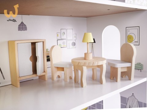 Domek dla lalek drewniany mebelki 70cm szary Domek dla lalek drewniany mebelki 70cm szary