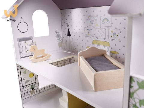 Domek dla lalek drewniany mebelki 70cm szary Domek dla lalek drewniany mebelki 70cm szary