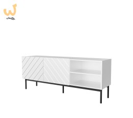Szafka RTV ABETO na czarnym stelażu ze stali 150x42x60 biały/biały połysk