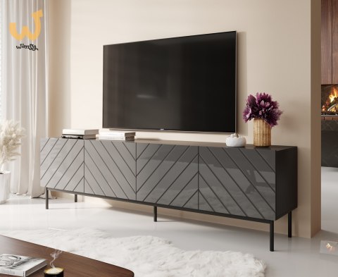 Szafka RTV ABETO na czarnym stelażu ze stali 200x42x60 grafit/grafit połysk Szafka RTV ABETO na czarnym stelażu ze stali 200x42x60 grafit/grafit połysk