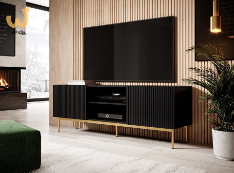 Szafka RTV PAFOS na złotym stelażu ze stali 150x40x60 czarny mat Szafka RTV PAFOS na złotym stelażu ze stali 150x40x60 czarny mat
