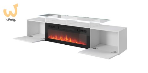 Szafka RTV ROVA z kominkiem elektrycznym 190x37x48 biały/biały połysk Szafka RTV ROVA z kominkiem elektrycznym 190x37x48 biały/biały połysk