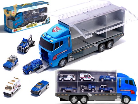 Transporter ciężarówka TIR wyrzutnia + metalowe auta policja Transporter ciężarówka TIR wyrzutnia + metalowe auta policja