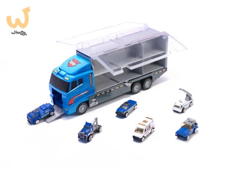 Transporter ciężarówka TIR wyrzutnia + metalowe auta policja Transporter ciężarówka TIR wyrzutnia + metalowe auta policja