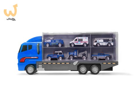 Transporter ciężarówka TIR wyrzutnia + metalowe auta policja Transporter ciężarówka TIR wyrzutnia + metalowe auta policja