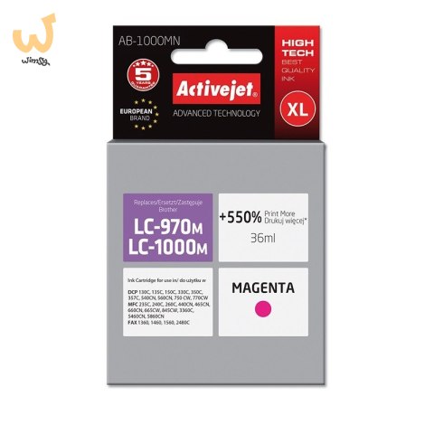 Activejet AB-1000MN Tusz (zamiennik do Brother LC1000M/970M; Supreme; 35 ml; czerwony). Drukuje więcej o 550%. Activejet AB-1000MN Tusz (zamiennik do Brother LC1000M/970M; Supreme; 35 ml; czerwony). Drukuje więcej o 550%.