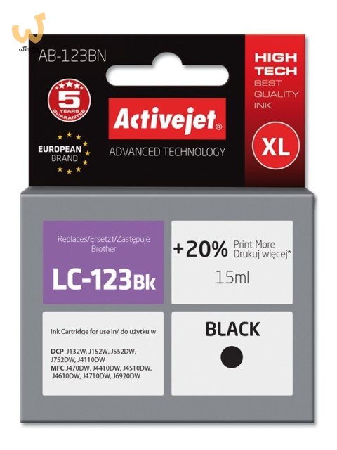 Activejet AB-123BN Tusz (zamiennik Brother LC123BK/121BK; Supreme; 15 ml; czarny) Activejet AB-123BN Tusz (zamiennik Brother LC123BK/121BK; Supreme; 15 ml; czarny)