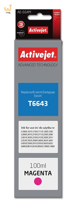 Activejet AE-664M Tusz (zamiennik Epson T6643; Supreme; 100 ml; czerwony) Activejet AE-664M Tusz (zamiennik Epson T6643; Supreme; 100 ml; czerwony)