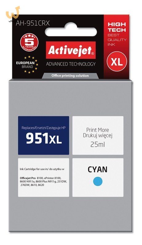 Activejet AH-951CRX Tusz (zamiennik HP 951XL CN046AE; Premium; 25 ml; niebieski) Activejet AH-951CRX Tusz (zamiennik HP 951XL CN046AE; Premium; 25 ml; niebieski)