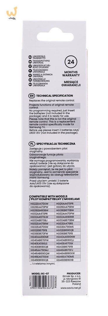 Pilot uniwersalny SAVIO RC-07 (telewizory) Pilot uniwersalny SAVIO RC-07 (telewizory)