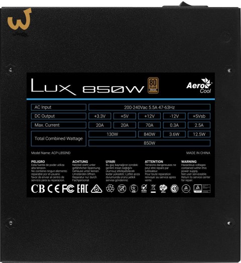 ZASILACZ AEROCOOL PGS LUX 850W 80+ Bronze/ PSU ZASILACZ AEROCOOL PGS LUX 850W 80+ Bronze/ PSU