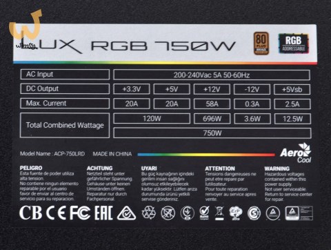 Zasilacz Aerocool LUX AEROPGSLUXRGB-750 (750 W; 120 mm) Zasilacz Aerocool LUX AEROPGSLUXRGB-750 (750 W; 120 mm)