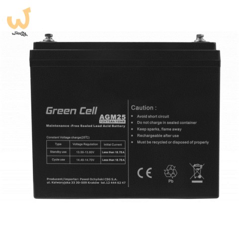 GREEN CELL AKUMULATOR ŻELOWY AGM25 12V 75AH GREEN CELL AKUMULATOR ŻELOWY AGM25 12V 75AH