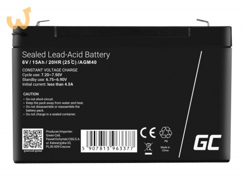 GREEN CELL AKUMULATOR ŻELOWY AGM40 6V 15AH GREEN CELL AKUMULATOR ŻELOWY AGM40 6V 15AH