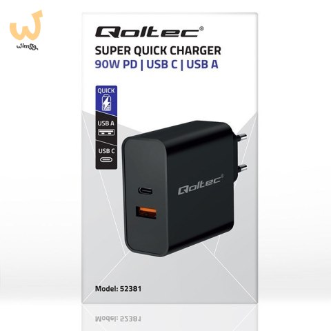 QOLTEC ŁADOWARKA SUPER QUICK PD | 1XUSB-C | 1XUSB | 90W | 5-20V | 2.4-4.35A | CZARNA QOLTEC ŁADOWARKA SUPER QUICK PD | 1XUSB-C | 1XUSB | 90W | 5-20V | 2.4-4.35A | CZARNA
