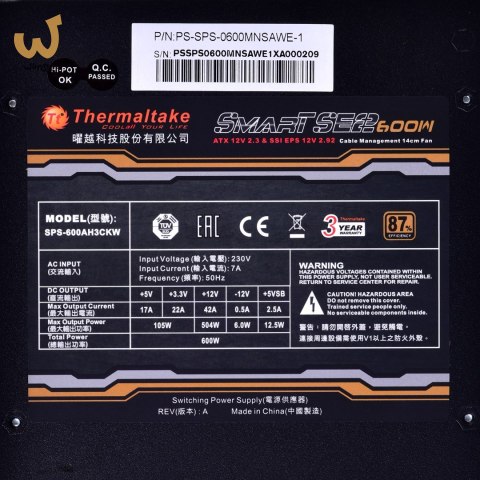Zasilacz Thermaltake Smart SE2 600W PS-SPS-0600MNSAWE-1 (600 W; Aktywne; 120 mm) Zasilacz Thermaltake Smart SE2 600W PS-SPS-0600MNSAWE-1 (600 W; Aktywne; 120 mm)